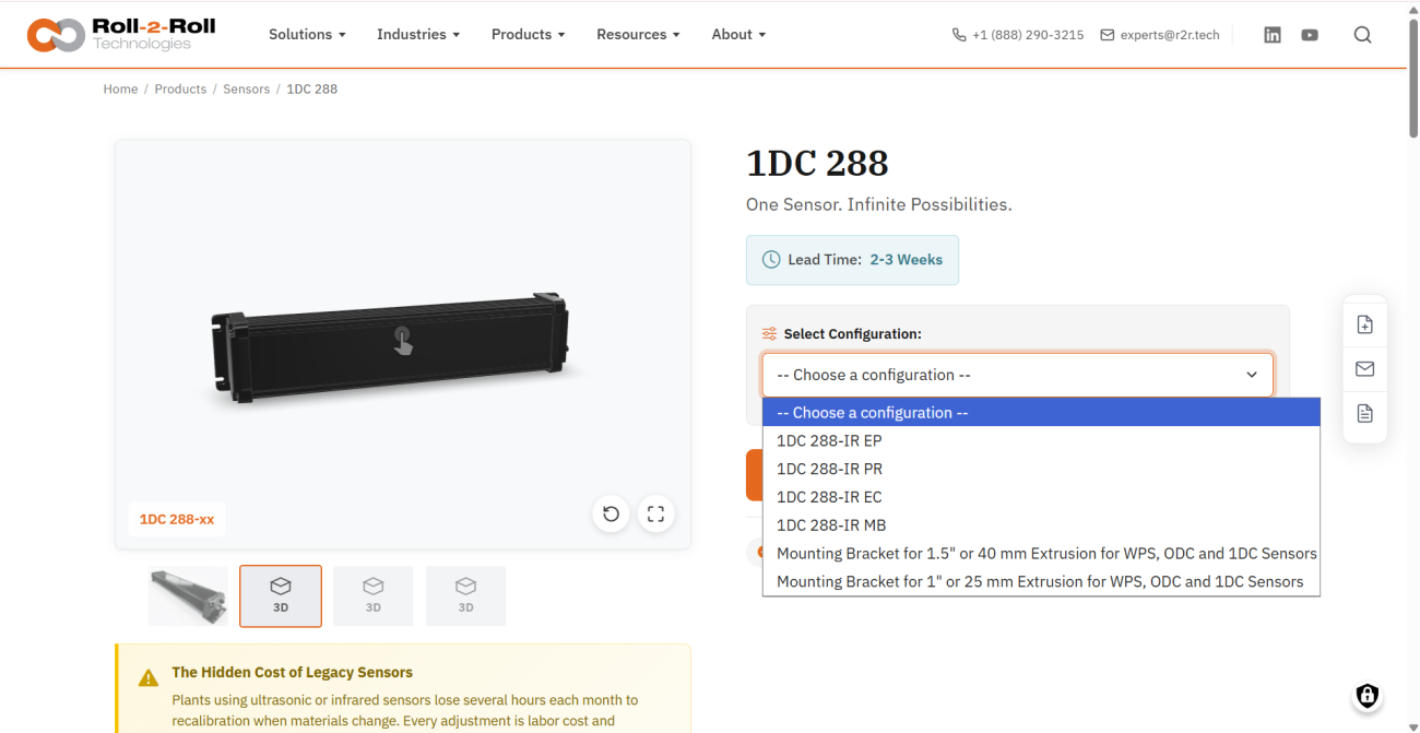 Roll-2-Roll Technologies product page showing interactive 3D model viewer with online SKU configurator