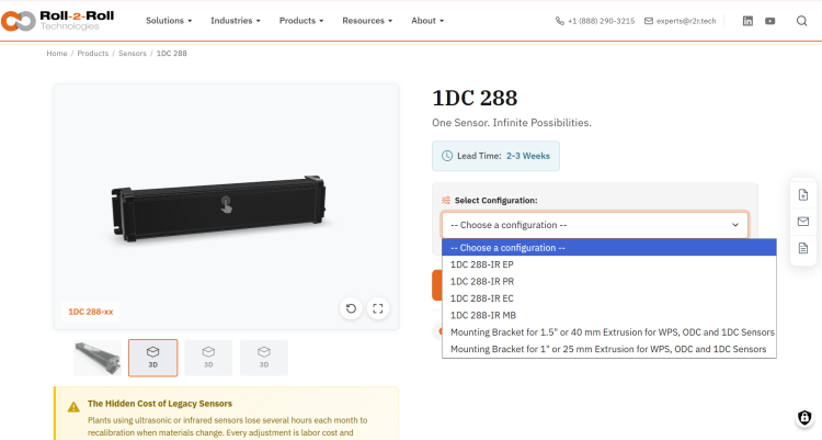 Roll-2-Roll Technologies product page showing interactive 3D model viewer with online SKU configurator